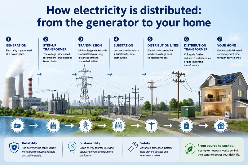 Wie wird Strom verteilt: vom Generator bis zu Ihnen nach Hause?